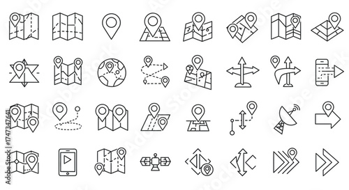 Collection of linear navigation icons depicting maps, markers, and travel directions