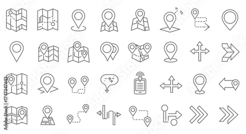 Collection of map and location pin icons representing navigation and routes