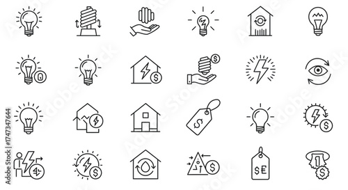 Collection of linear icons representing energy, electricity, and cost savings
