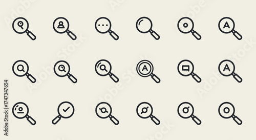 Collection of search icon variations on a neutral background, simple and clean design