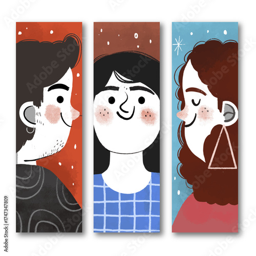 This collection of facial bookmarks features three artistic expressions, designed to evoke emotions and deepen the reading experience through engaging and playful designs.