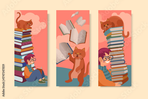 This collection features vibrant illustrations of playful cats with stacks of books, celebrating the joy of reading and companionship, perfect for cat lovers and book enthusiasts.
