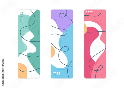 This image features three vibrant bookmarks with abstract shapes and colors, perfect for adding a unique touch to your reading experience and a splash of creativity.