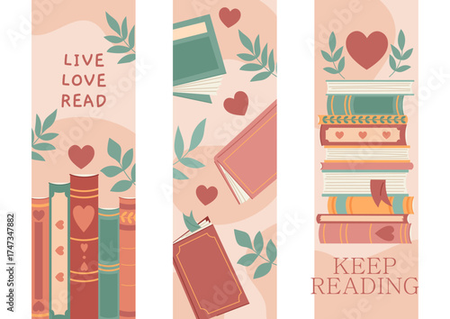 A delightful set of bookmarks featuring books, hearts, and leaves encourages a love of reading, perfect for book lovers to display affection for stories and literature.
