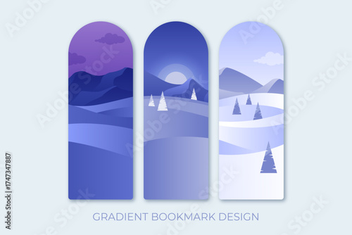 A stunning collection of bookmarks featuring gradient winter landscapes with mountains and trees, ideal for creating a calming reading atmosphere during colder months.