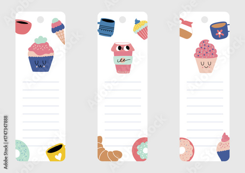 A delightful set of bookmarks adorned with cute dessert illustrations, including cupcakes and doughnuts, perfect for sweetening your reading journey for all ages.