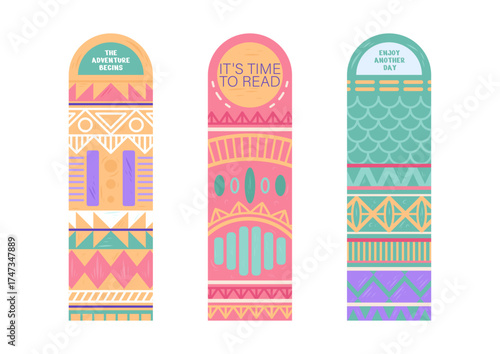 A set of three bookmarks featuring colorful tribal patterns and motivational phrases that inspire reading adventures and encourage daily engagement with books and stories.