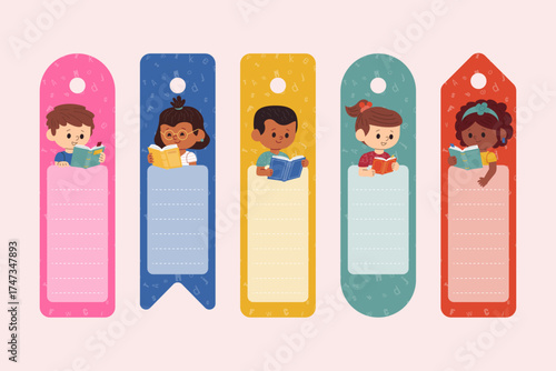 An adorable collection of bookmarks featuring cartoon children reading books, designed to engage young readers and promote the joy and importance of literacy in their lives.