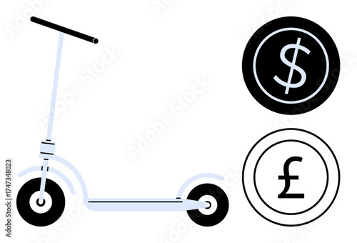 Electric scooter alongside dollar and pound currency icons signifying transportation affordability, cost-saving, and financial planning. Ideal for eco-transport, budget, micro-mobility, shared