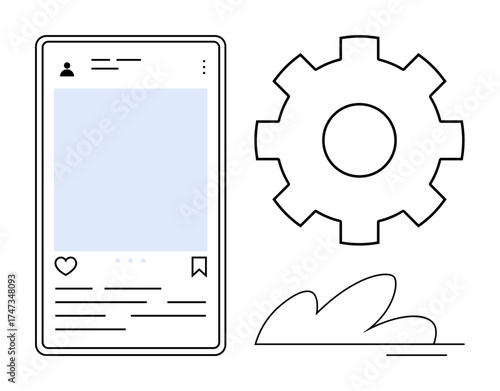 Smartphone screen with social media feed next to a gear icon and decorative elements. Ideal for technology, social media, app design, interface settings, customization, user interaction, simple flat