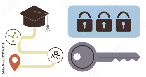 Graduation cap on a mapped route, locks representing restricted access, and key as a solution. Ideal for education, security, knowledge, solutions, problem-solving progress access topics. Simple