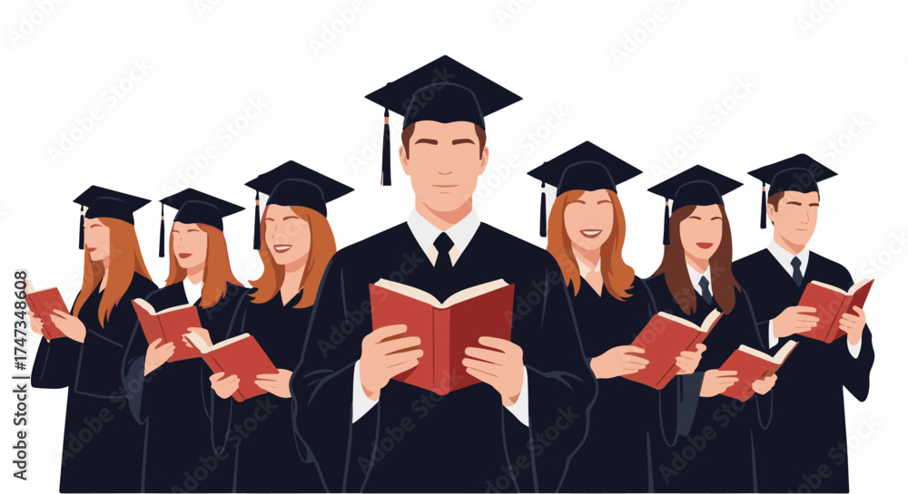 Obraz premium Flat Vector Illustration of Graduates Reading Books in Academic Gowns