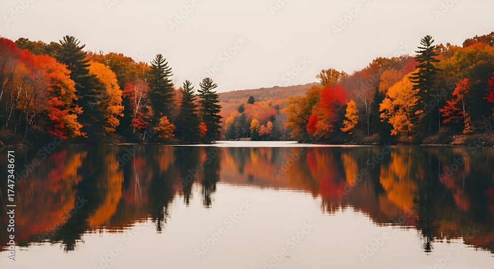Obraz premium Autumnal Reflection: Vivid Foliage Mirrored in Calm Lake Watersc