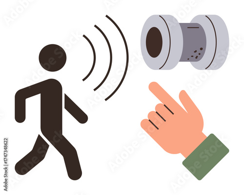 Person walking with sound waves, smart audio speaker, pointing hand gesture. Ideal for AI, communication, technology, innovation, accessibility automation human-computer interaction. A simple flat