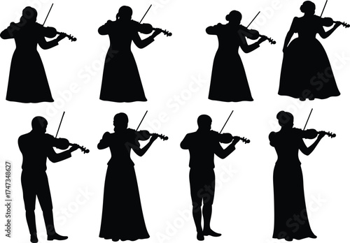 Collection of male and female violinist silhouettes playing instruments, elegant musician poses, orchestra performance vector on white background illustration.