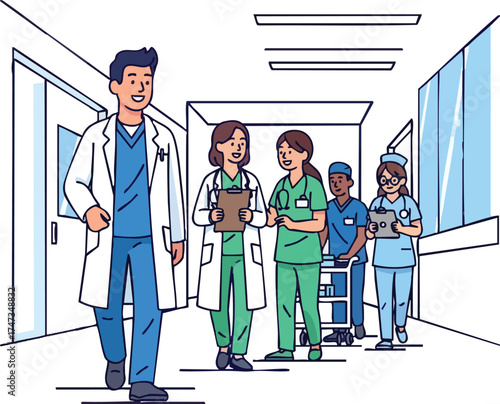 Diverse team of doctors and nurses walking in a hospital hallway.
