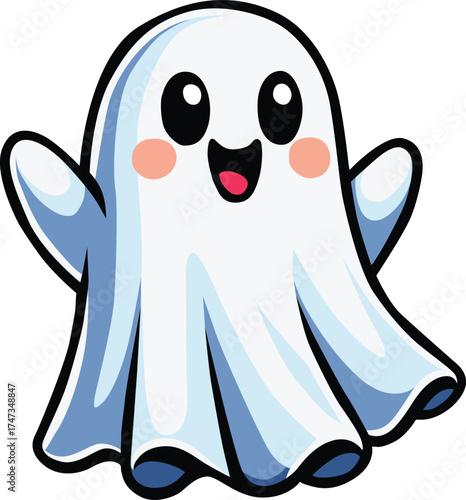 Cute smiling ghost character with blushing cheeks waving happily for Halloween theme