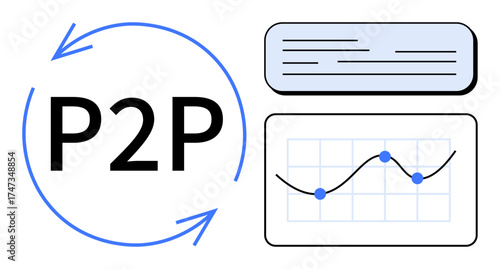 P2P text surrounded by arrows, data graph with points on a grid, and text box. Ideal for networking, connectivity, decentralization, analytics, collaboration technology innovation. Clean flat
