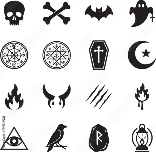 Black and white Halloween icons featuring skulls, ghosts, bats, occult symbols, and mystical elements. Ideal for spooky designs, seasonal decor, and fantasy-themed projects.