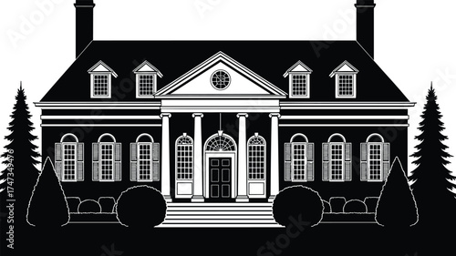 Colonial Style House Vector with Portico, Pediment, Dormers, Shutters, and Symmetrical Landscaping – Black and White Architectural Illustration