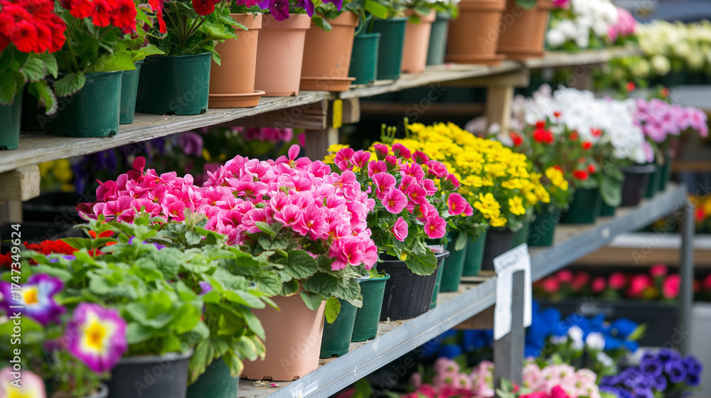 Fototapeta premium Flores coloridas em vasos dispostas em prateleiras de jardim