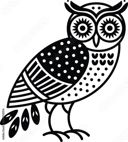 Decorative owl vector illustration with detailed patterns, tribal style design, abstract feathers, ethnic artwork, wildlife silhouette, and artistic nature drawing
