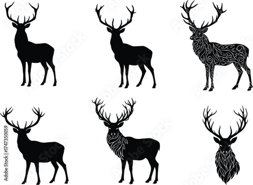Deer silhouette vector set with antlers, ornate patterns, and realistic poses for wildlife, forest, nature, hunting, and decorative design themes