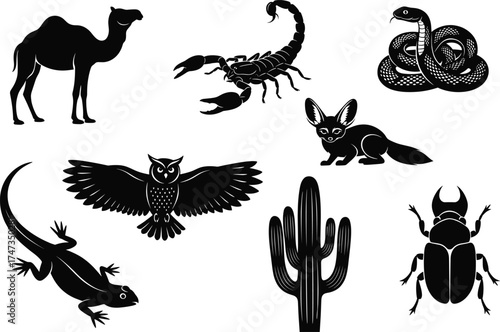 Desert Animal and Plant Silhouettes Featuring Camel, Scorpion, Snake, Fox, Owl, Cactus, Beetle, and Lizard on White Background