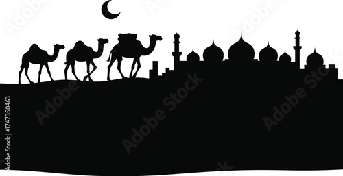 Desert night silhouette with camels caravan, Islamic cityscape, crescent moon, sand dunes, Middle Eastern architecture vector for cultural travel