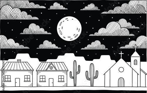 Desert Night Silhouette with Cactus, Church, Houses, Moon, and Stars for Vector Illustration, Western Landscape, and Peaceful Nature Scene Use