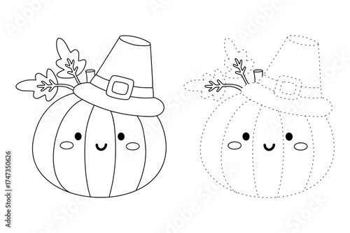 Cute halloween pumpkin carving Jack o Lantern wearing witch hat trace and coloring pages for kids