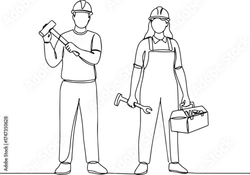 Continuous Line Art Diverse Construction Worker Team with Essential Tools. Male builder holds a hammer, female tradesperson carries a wrench and toolbox, symbolizing skilled labor and collaboration