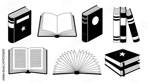 Collection of eight black and white artistic representations of books varying in openness and style