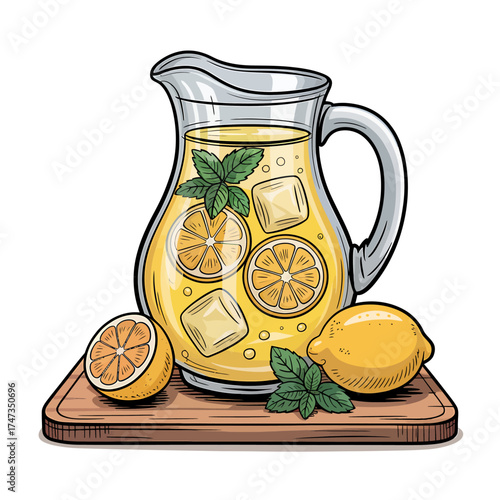 Refreshing lemonade pitcher with fresh lemons and mint on a wooden board