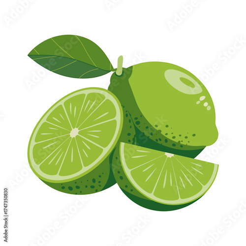 Vibrant fresh limes whole halved and sliced with green leaves close up