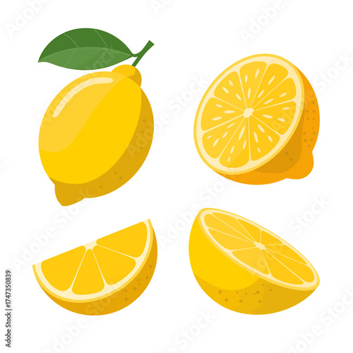 Four bright yellow lemons one whole two halves and a wedge fruit still life on white