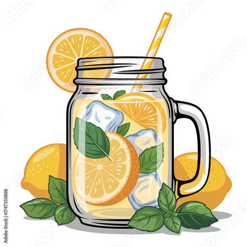Refreshing cold lemonade in a mason jar with fresh lemons and mint for a summer drink