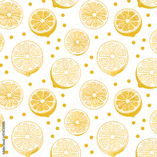Seamless pattern design of yellow lemon slices scattered with green dots watercolor style
