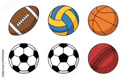 Six sports balls icons collection american football volleyball basketball soccer tennis cricket flat design
