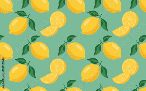 Vibrant seamless pattern design featuring fresh lemons and leaves for a zesty citrus feel
