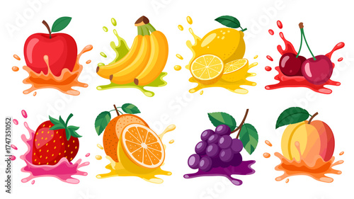 Vibrant splash art featuring assorted fresh fruits in juicy splatters