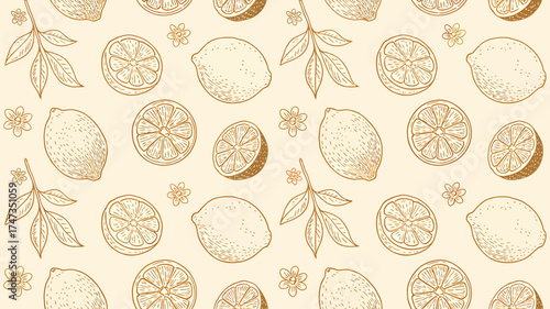 Seamless pattern of hand-drawn citrus fruits and leaves in a botanical style