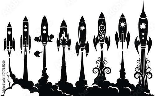 Eight creative rocket black silhouettes launching with smoke clouds, space exploration vector design for futuristic technology, innovation, and adventure illustration.