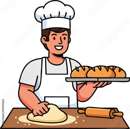 Smiling male baker kneading dough and holding fresh bread.