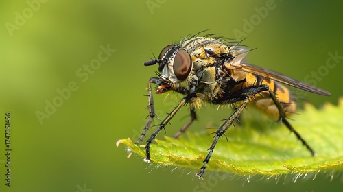 Wallpaper Mural Robber Fly with a robust black or brown body, large compound eyes, and a thick proboscis, perched on a green leaf or dry twig, under bright outdoor sunlight with subtle shadows highlighting its wings  Torontodigital.ca