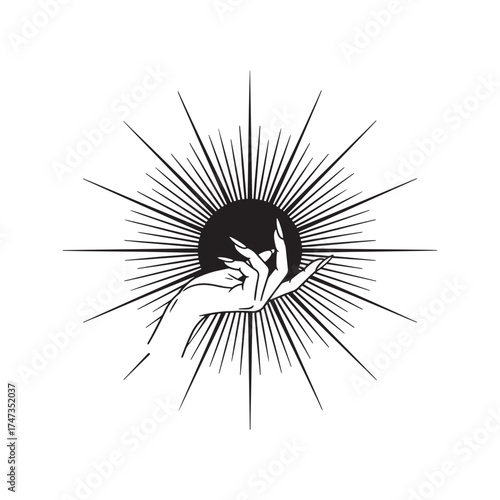 Elegant hand holding a radiant black sun. Minimalist line art illustration for tattoo design, esoteric symbol, or spiritual magic concept.
