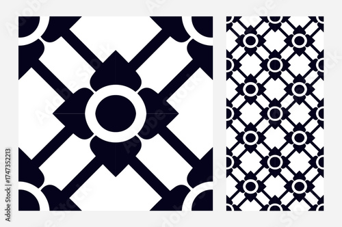 This striking tile design in classic black and white showcases a bold pattern that brings timeless elegance and sophistication to any interior environment.