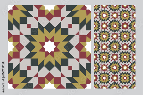 This vibrant geometric tile design features bold colors and intricate shapes that create a dynamic and eye-catching aesthetic for modern spaces.