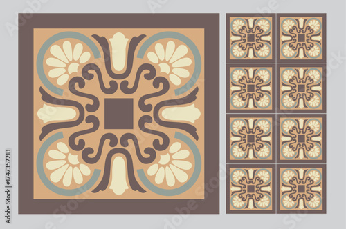 This captivating tile pattern features earthy tones with intricate floral designs, perfect for creating serene and inviting environments in homes or public spaces.