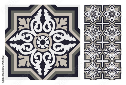 This striking dark blue and beige tile pattern features vintage elements that lend a classic touch, ideal for drawing attention in various creative applications.